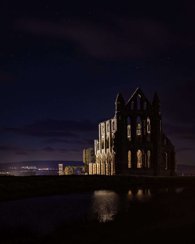 whitby abbey at night, whitby abbey, illuminated, lit up, yorkshire, lights, holiday accomodation, north, yorkshire